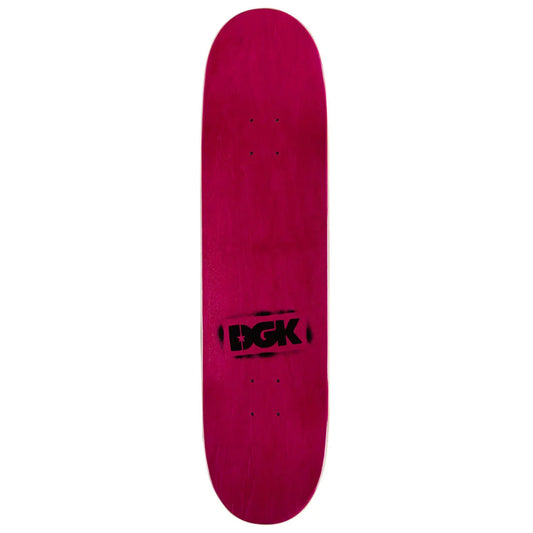 A magenta-pink skateboard deck with a black DGK logo printed in the center, shown vertically against a plain white background.