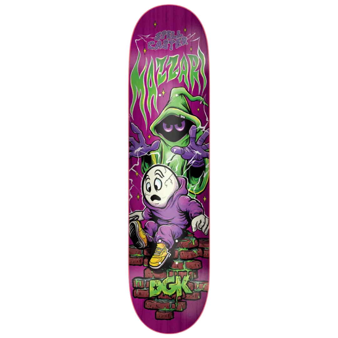 Skateboard deck with a colorful graphic design on a white background
