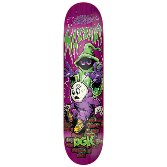 Skateboard deck with a colorful graphic design on a white background