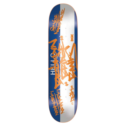 Skateboard deck with orange and white graphics on a blue and white background