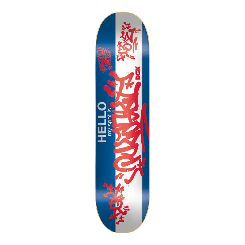 Skateboard deck with red and white text on a blue and gray background