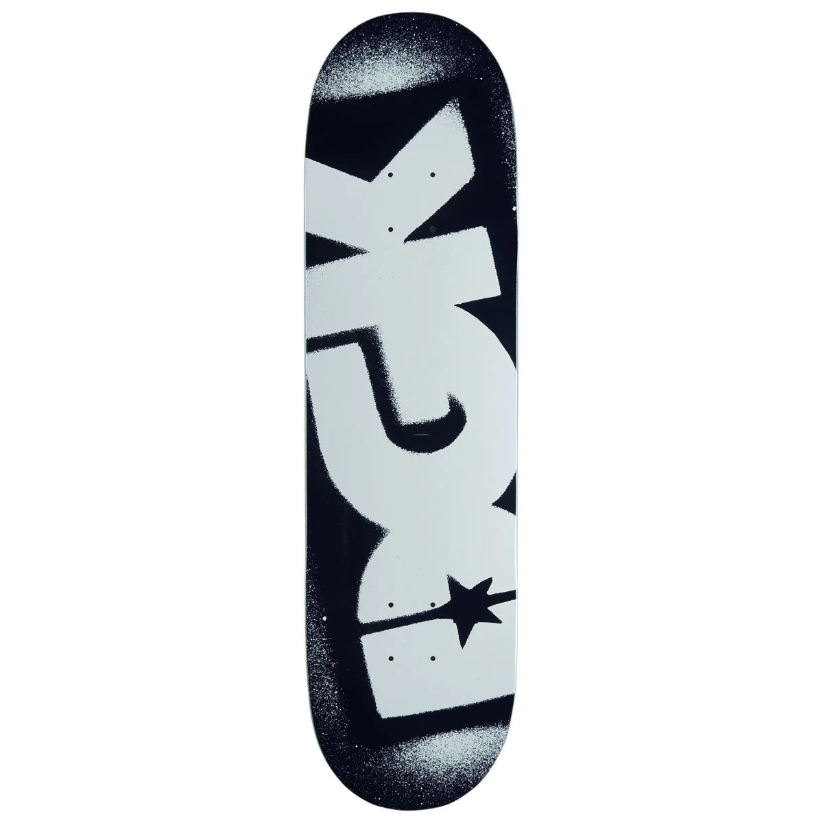 Skateboard deck with a black and white logo on a white background