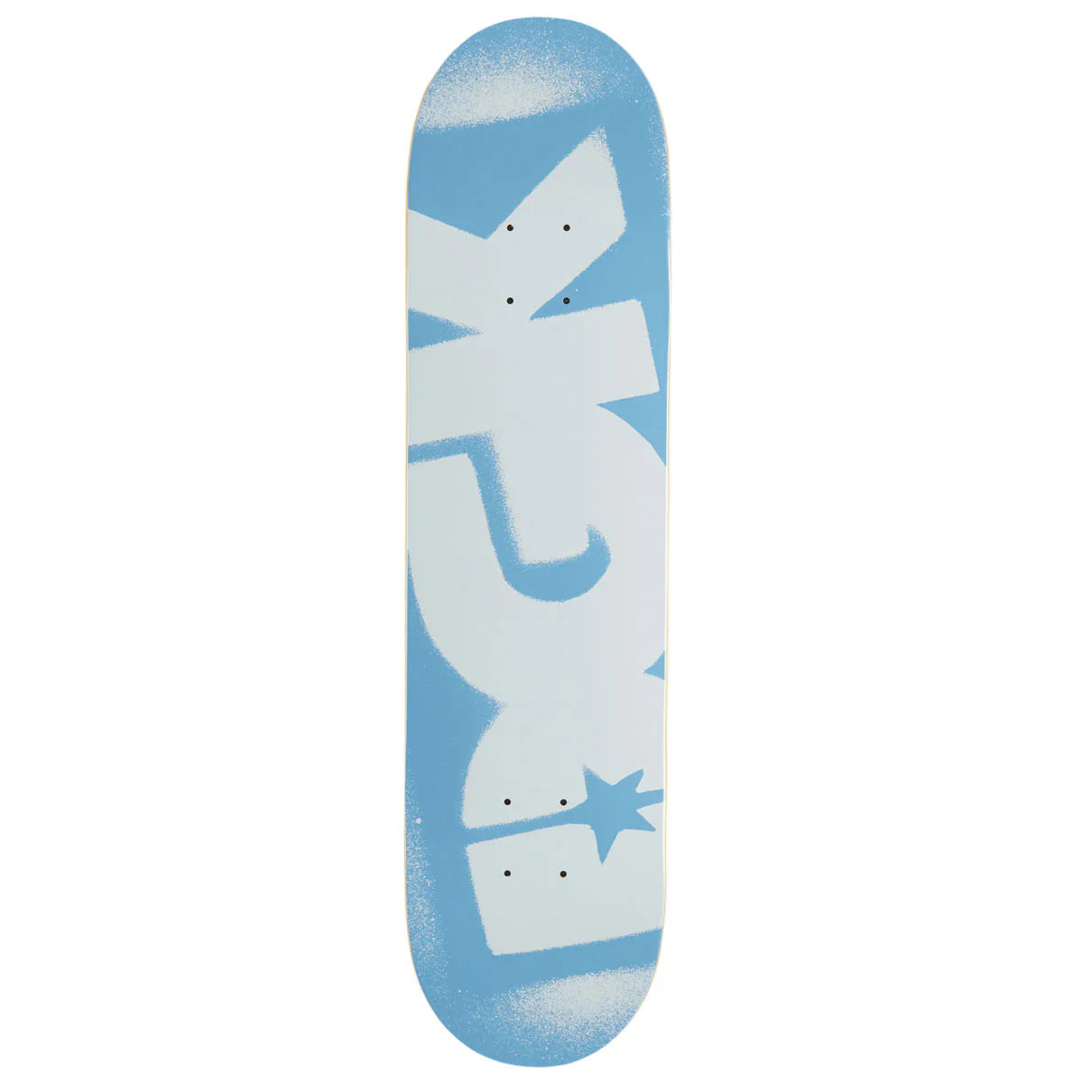 Skateboard deck with a blue and white design on a white background