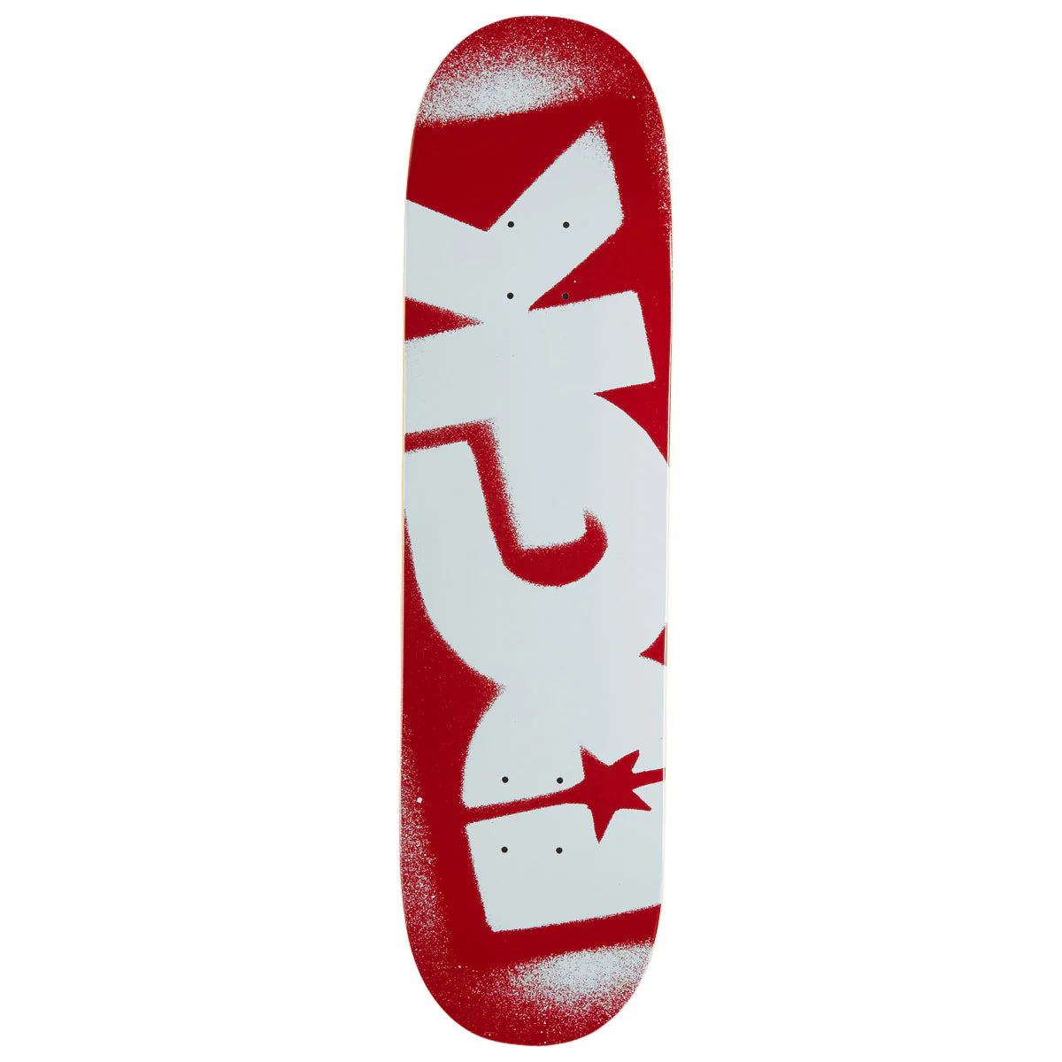 Red and white skateboard deck with a logo on a white background