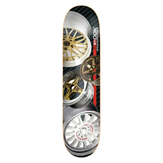 Skateboard deck with car wheel design on a white background