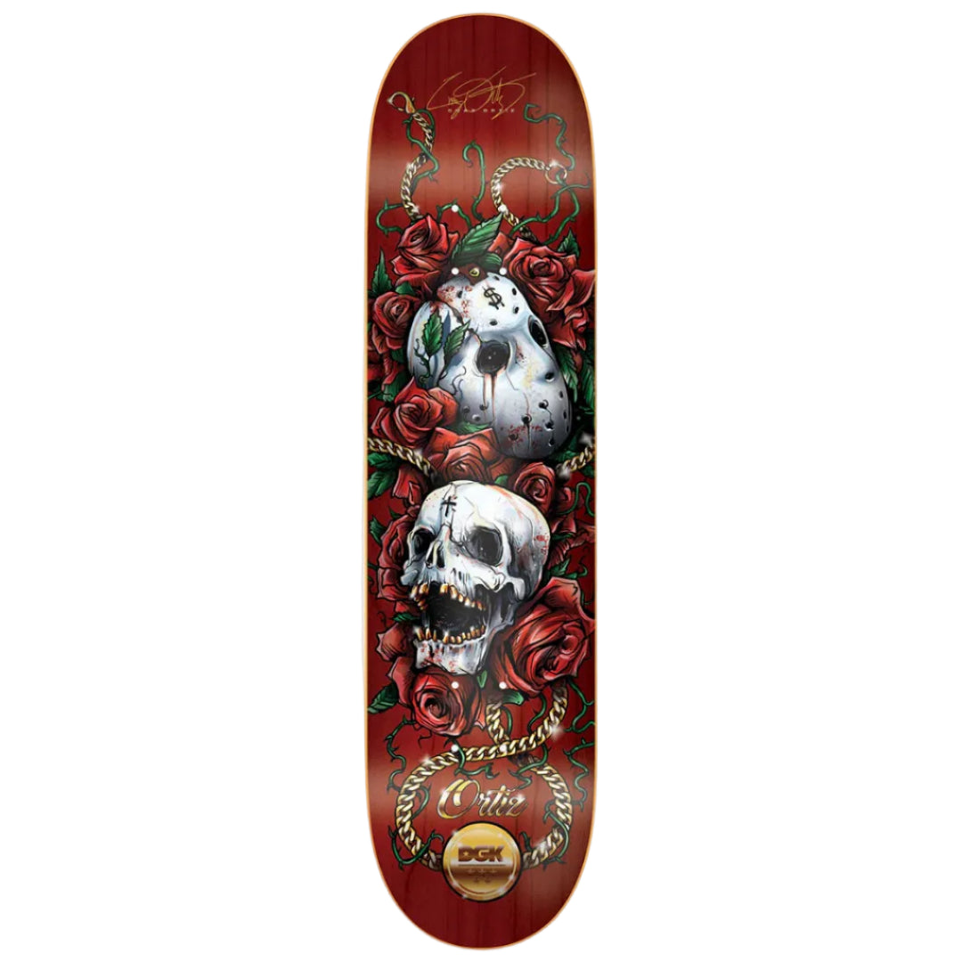 Skateboard deck with skull and rose design on a red background