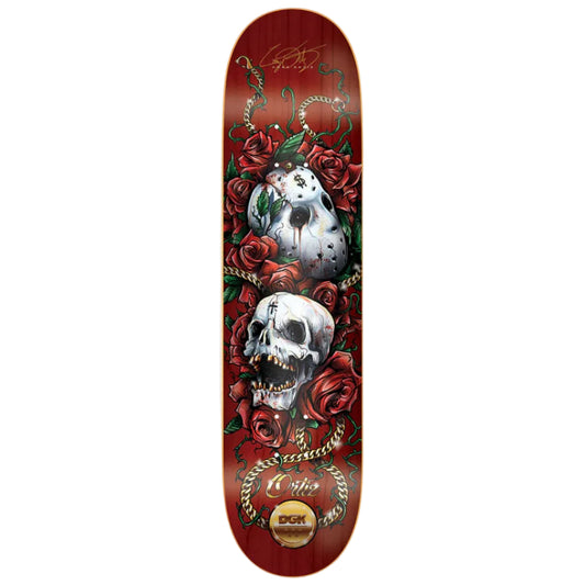 Skateboard deck with skull and rose design on a red background