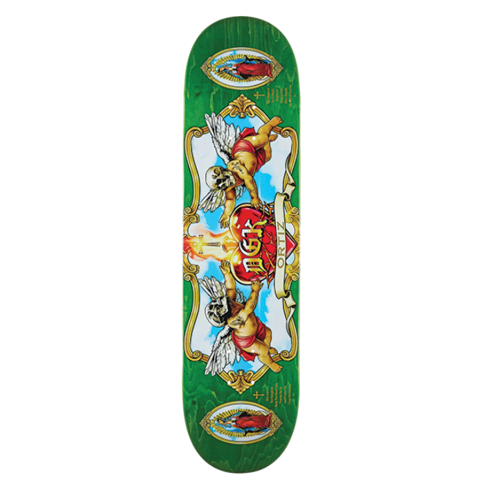 Skateboard deck with colorful graphic design on a white background