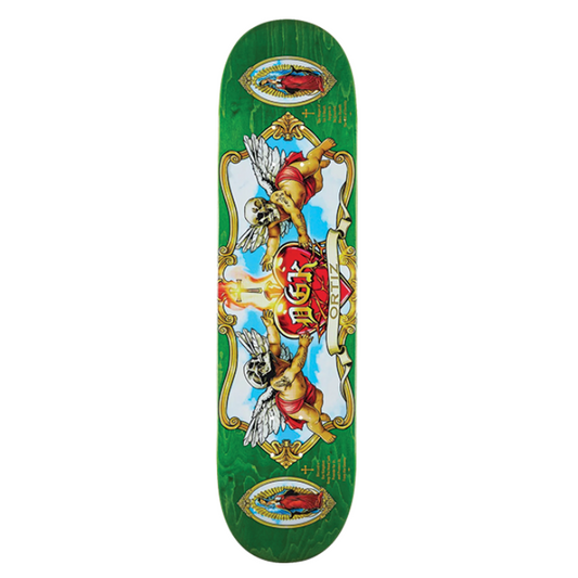 Skateboard deck with colorful graphic design on a white background