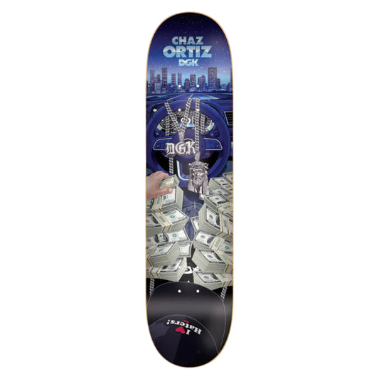 Skateboard deck with cityscape and money design on a white background