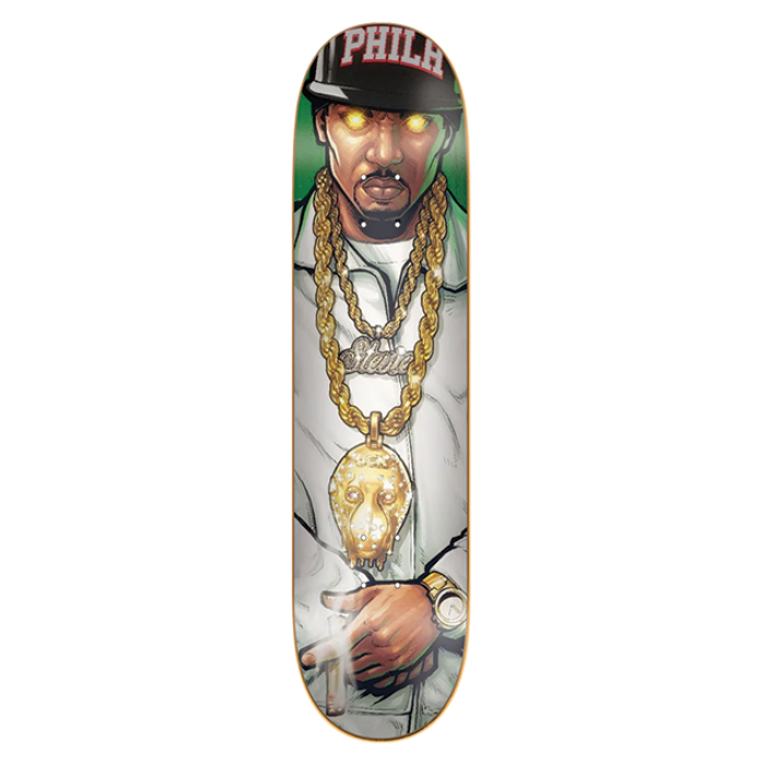 Skateboard deck with a graphic design on a white background