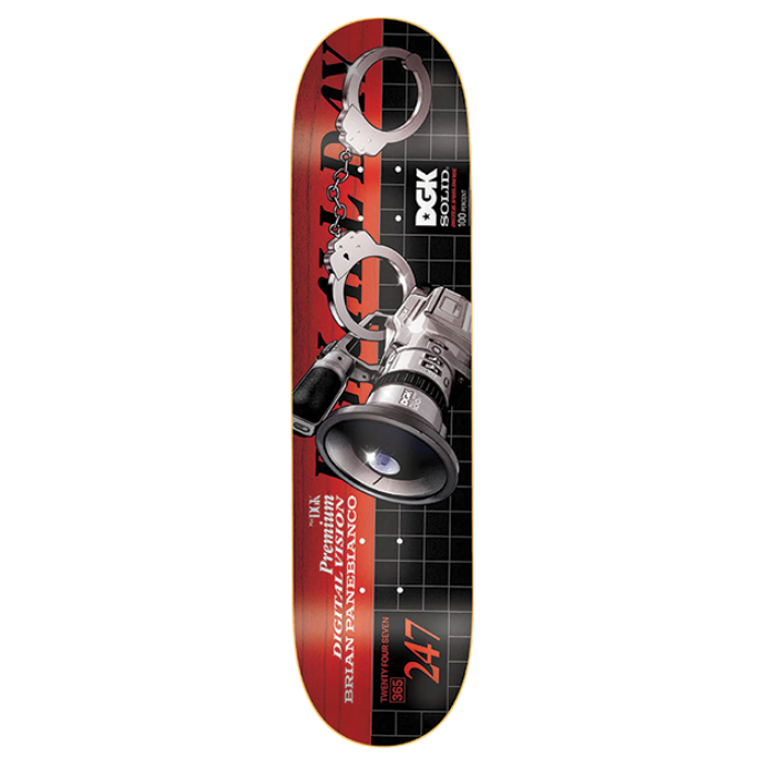 Skateboard deck with a red and black design on a white background