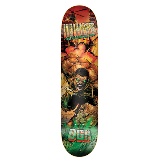 Skateboard deck with colorful design featuring a character and text on a white background