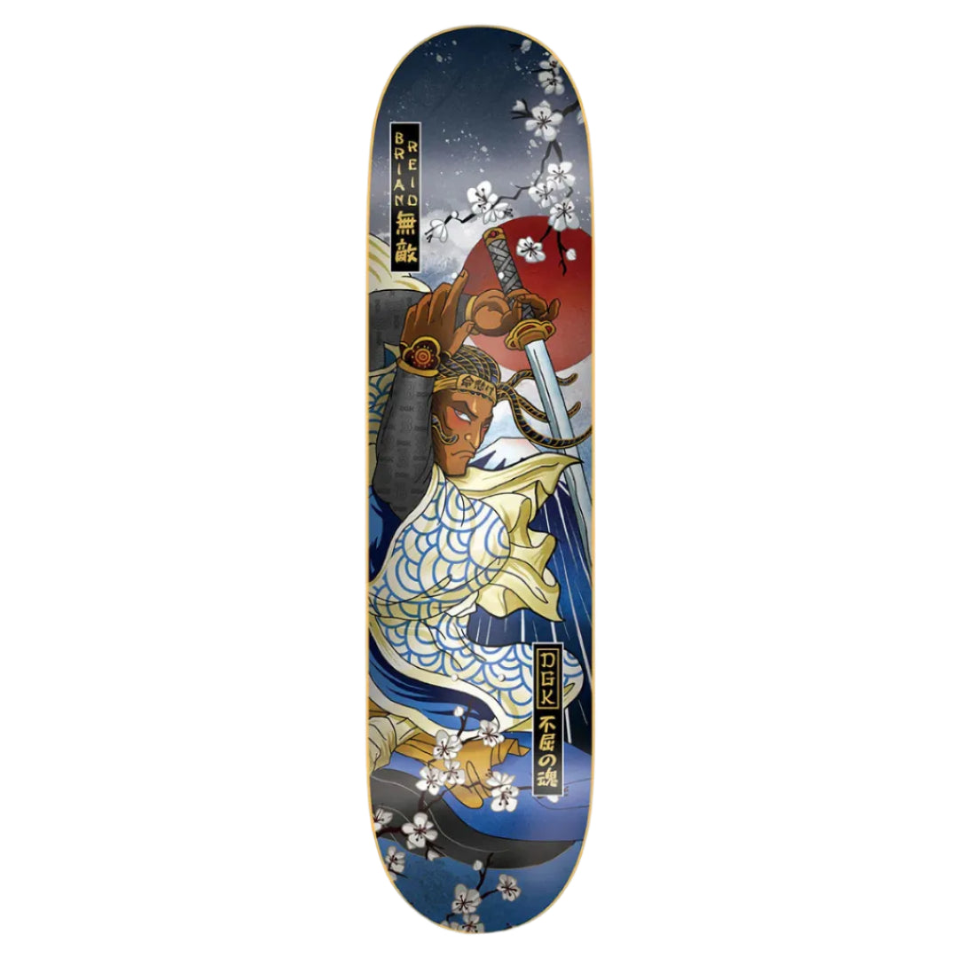 Skateboard deck with artistic design of a warrior holding a sword on a blue background