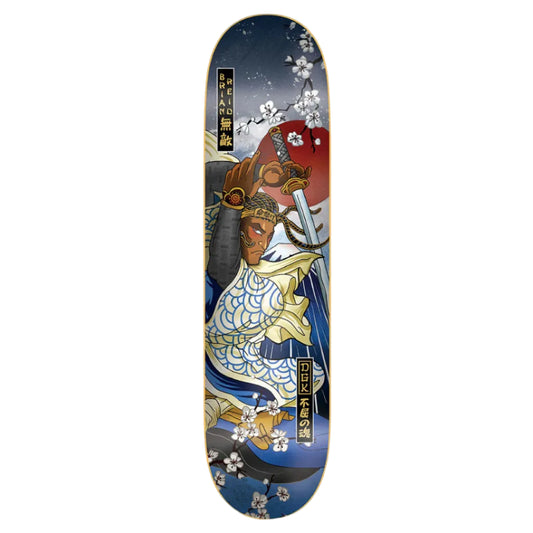 Skateboard deck with artistic design of a warrior holding a sword on a blue background