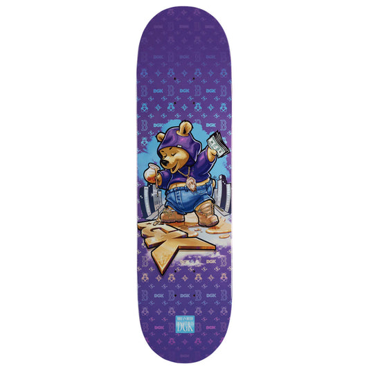 Skateboard deck with a purple background and bear graphic, featuring the brand 'Banksy'.