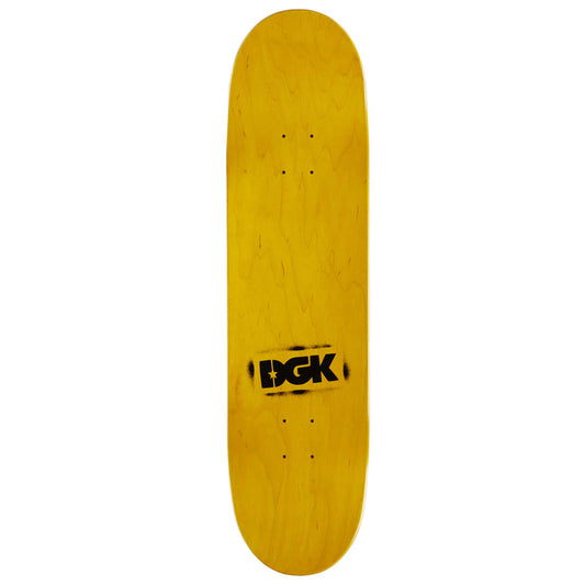 Yellow skateboard deck with DGK logo on a white background