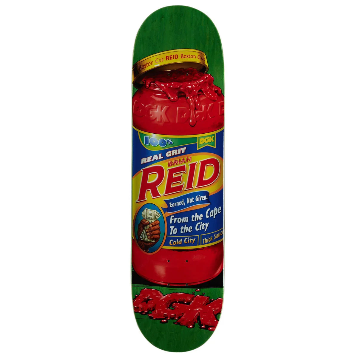 A skateboard deck featuring a parody graphic of a jar of ketchup labeled 'Brian Reid Real Grit Bean Reid'. The deck has a green top and bottom border with red ketchup splatters, and the center shows a large red jar with blue, yellow, and white label details.