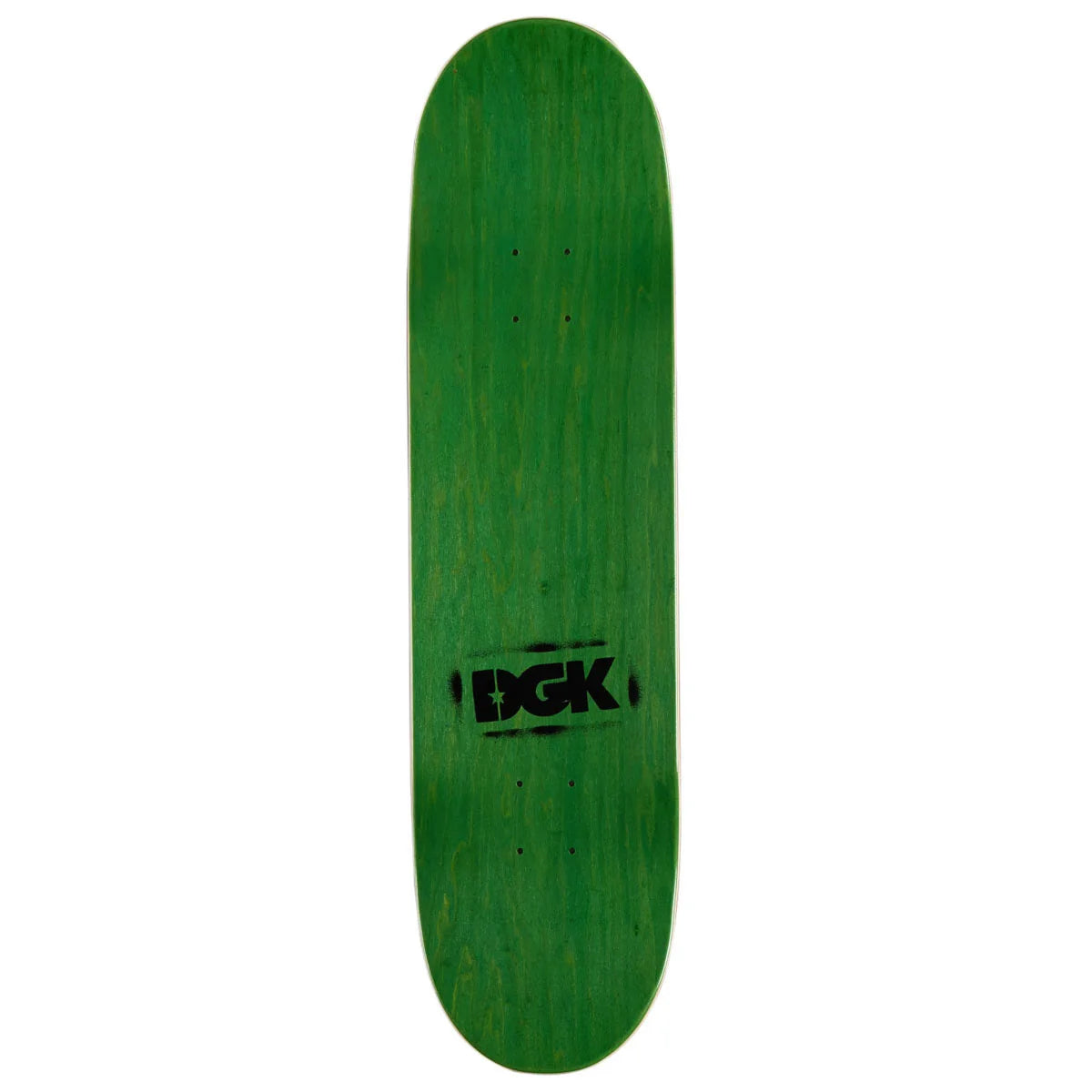 A green skateboard deck with a black DGK logo printed in the center, shown vertically against a plain white background.