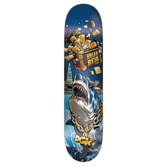 Skateboard deck with shark and treasure design on a blue background