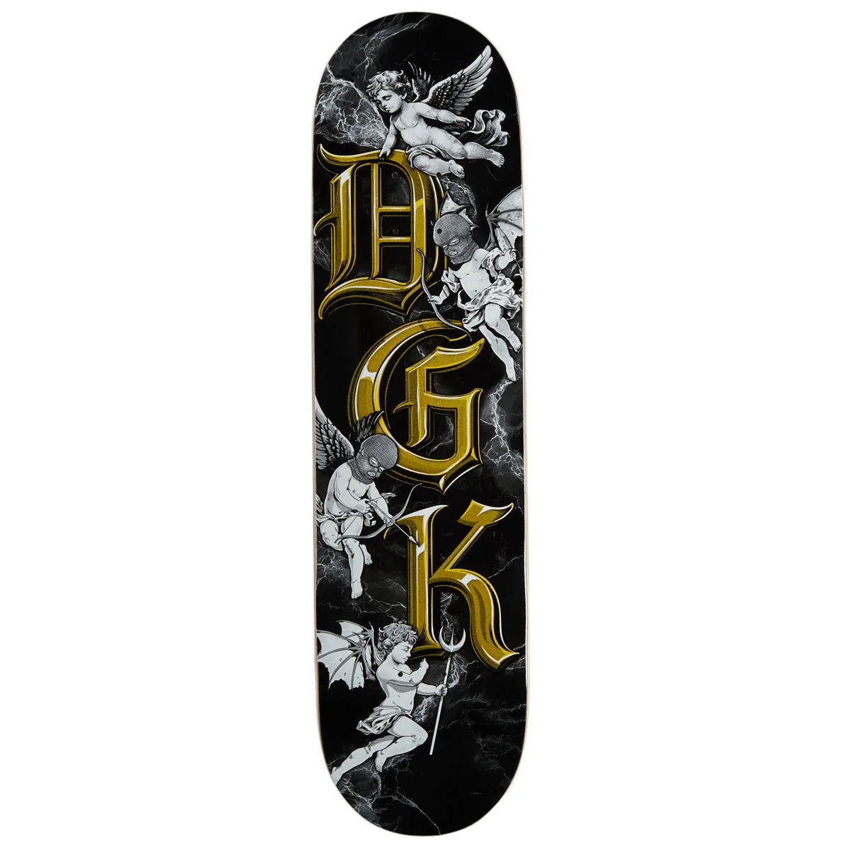 A skateboard deck featuring a black background with white cherub illustrations and large metallic gold Gothic letters spelling 'DGK'.