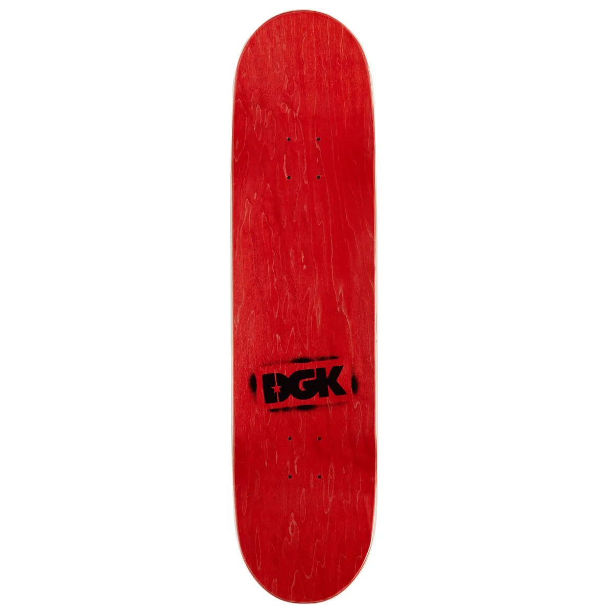 A red skateboard deck with a black DGK logo printed in the center, shown vertically against a plain white background.