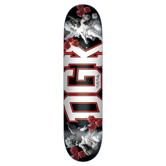 Skateboard deck with black, red, and white design on a white background