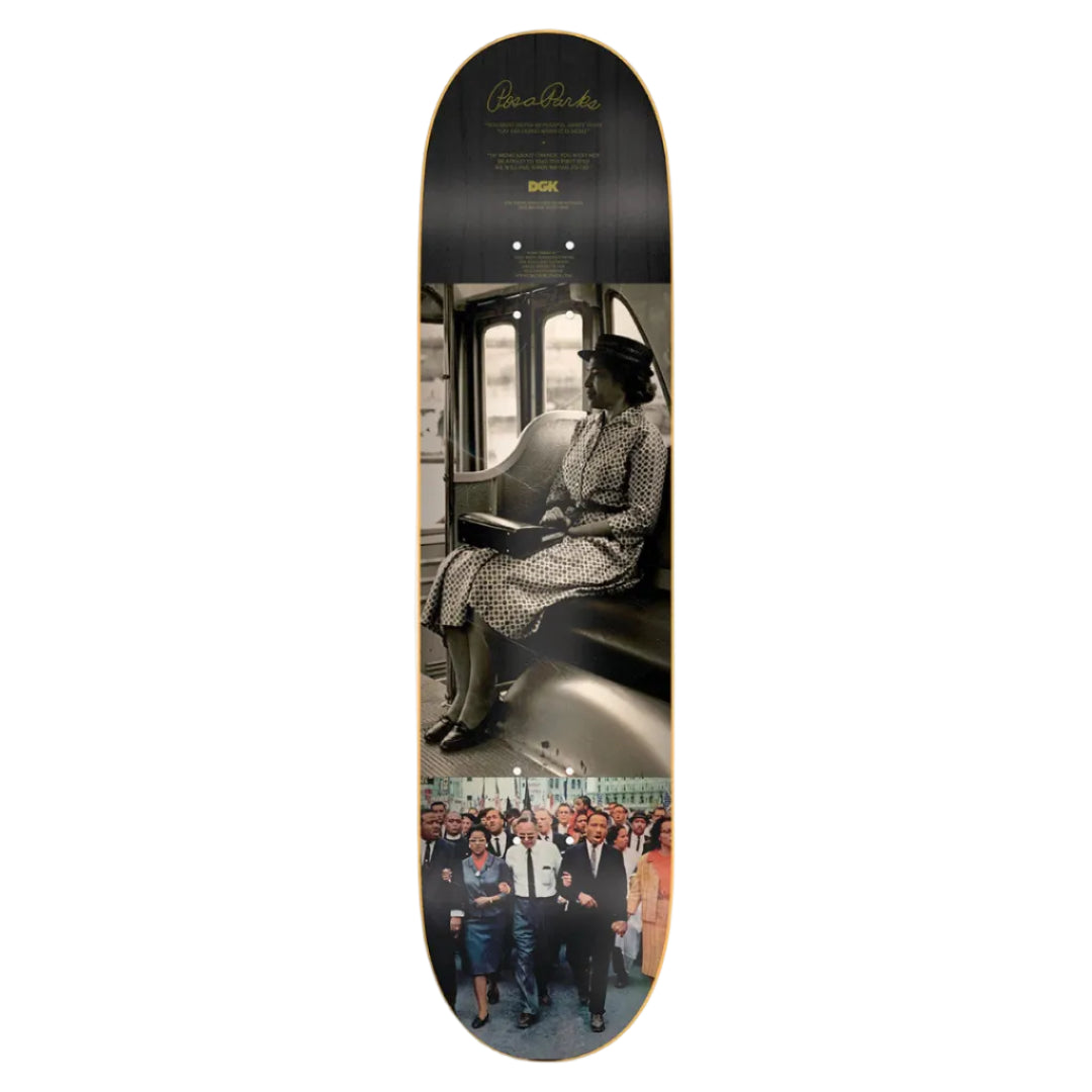 Skateboard deck with a historical image of a woman on a train, surrounded by people.