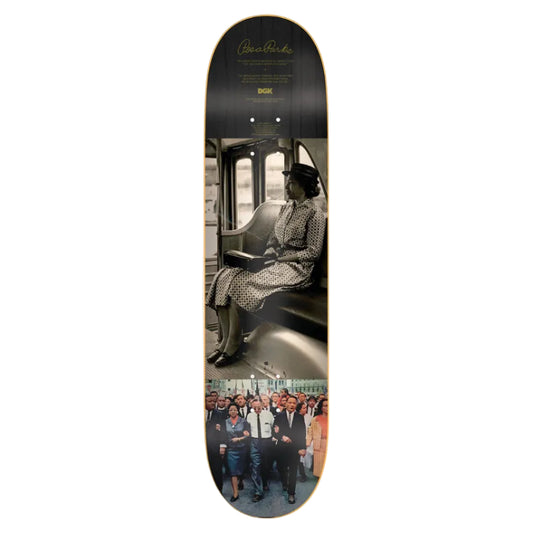 Skateboard deck with a historical image of a woman on a train, surrounded by people.