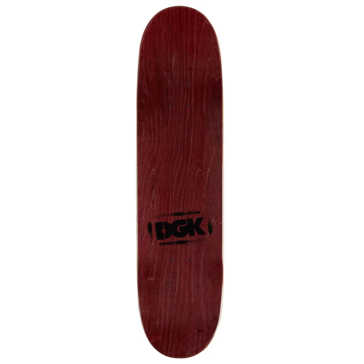 A dark red wooden skateboard deck with a black DXG logo printed near the bottom, shown against a plain white background.