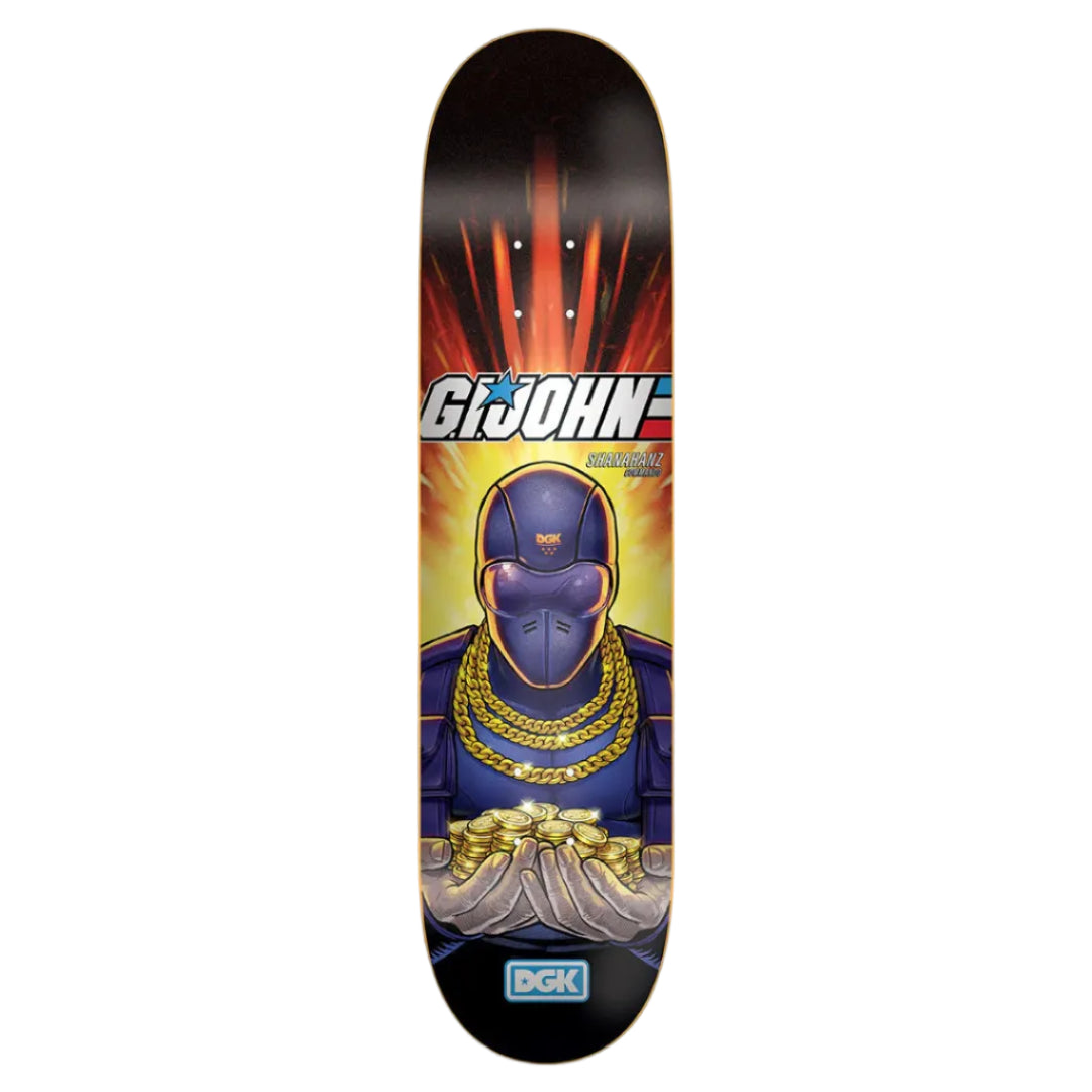 Skateboard deck with a colorful design featuring a character and 'GI JOE' branding on a white background.