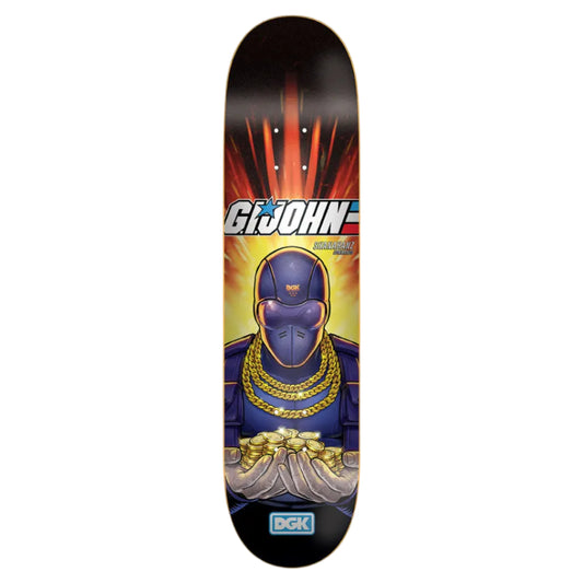 Skateboard deck with a colorful design featuring a character and 'GI JOE' branding on a white background.