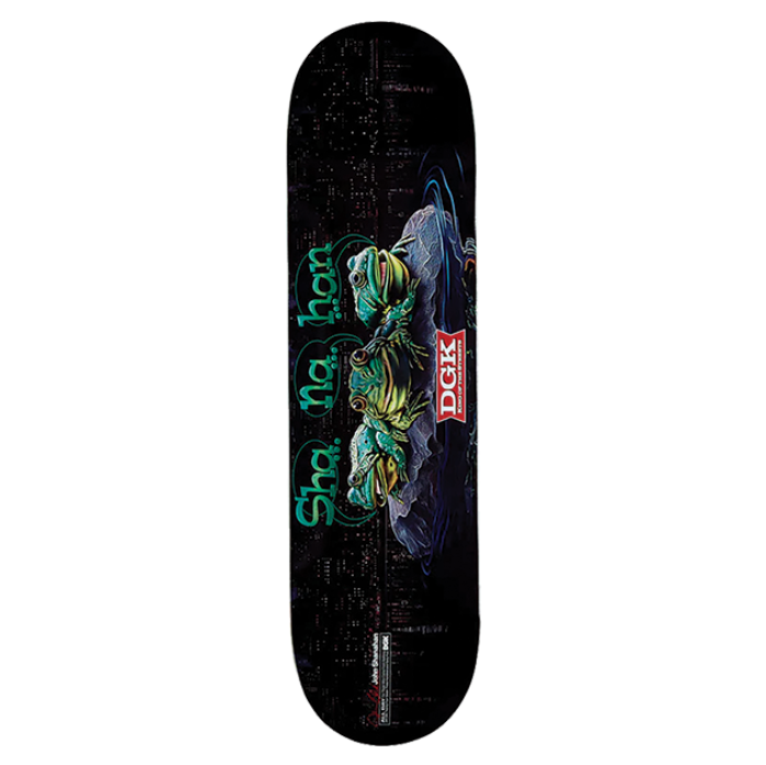 Skateboard deck with a graphic design on a white background