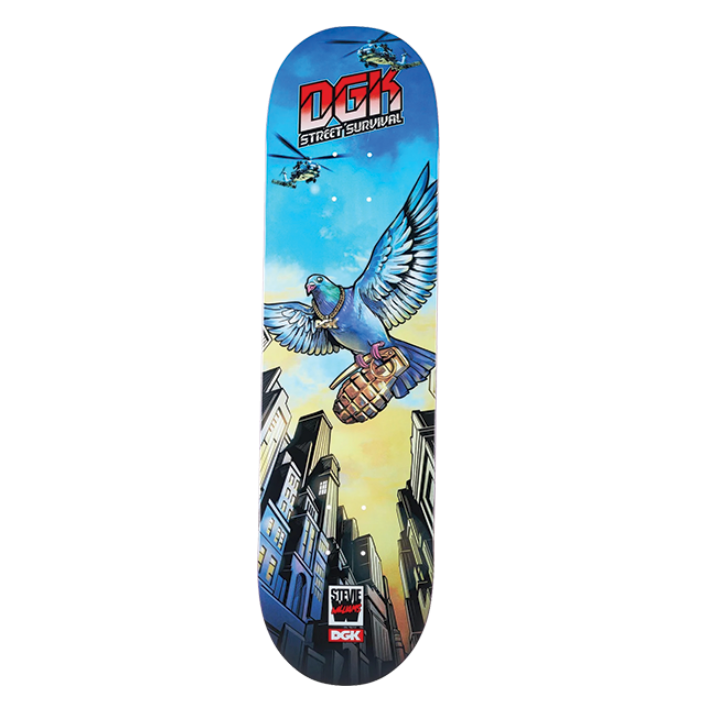Skateboard deck with a colorful design featuring a bird and text on a white background