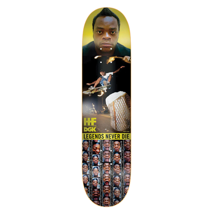 Skateboard deck with a graphic of a person playing guitar and text on a white background