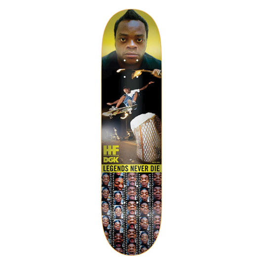 Skateboard deck with a graphic of a person playing guitar and text on a white background