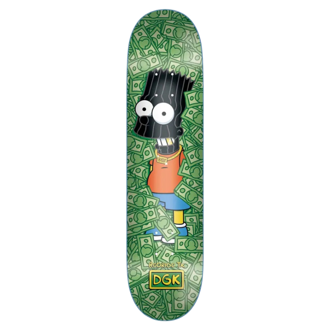 Skateboard deck with a character design and DGK logo on a green dollar bill pattern background