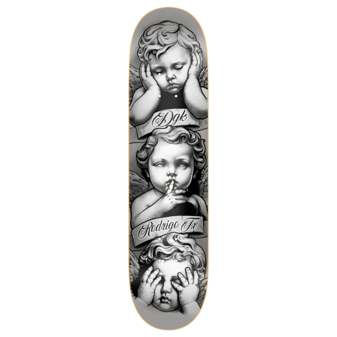 Skateboard deck with artistic depiction of cherubs and text on a white background
