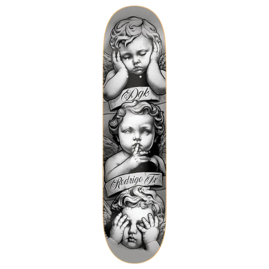 Skateboard deck with artistic depiction of cherubs and text on a white background