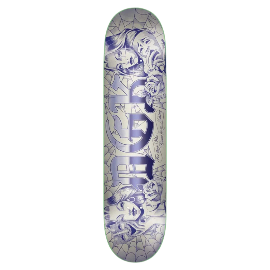 Skateboard deck with artistic design on a white background