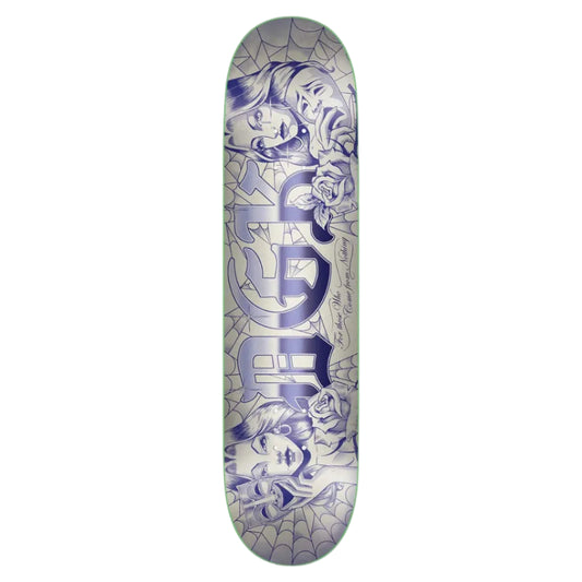 Skateboard deck with artistic design on a white background
