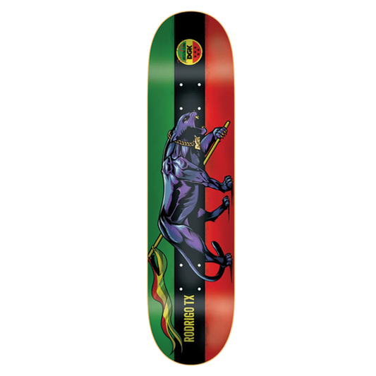 Skateboard deck with a colorful design featuring a panther on a white background