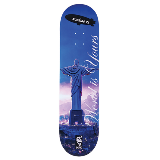 Skateboard deck with Christ the Redeemer statue design on a white background