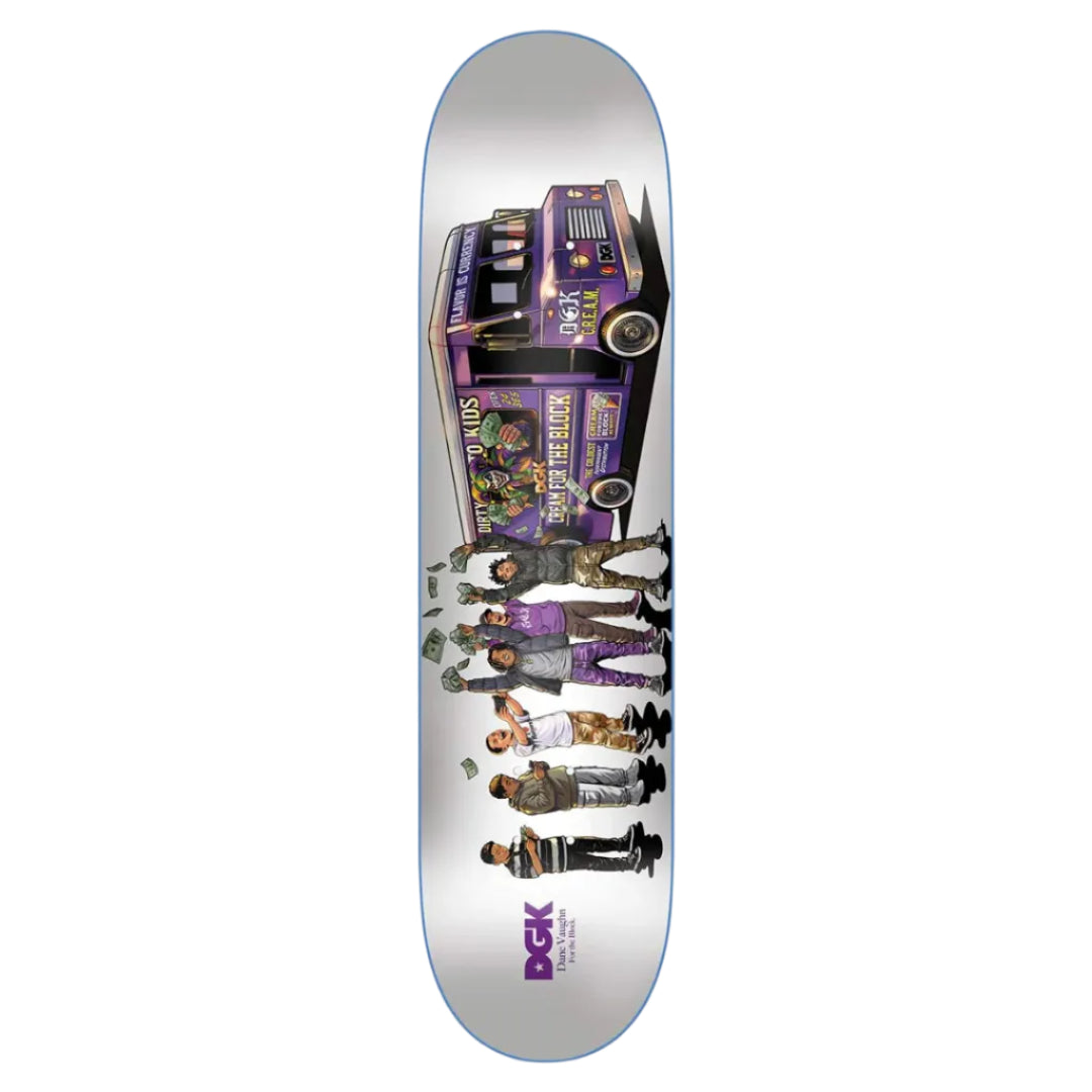 Skateboard deck with a graphic design of people and a bus on a white background