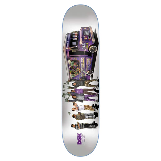Skateboard deck with a graphic design of people and a bus on a white background