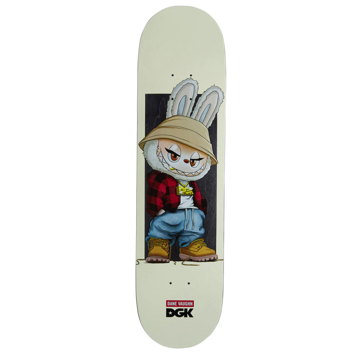 Skateboard deck with a cartoon character design on a white background