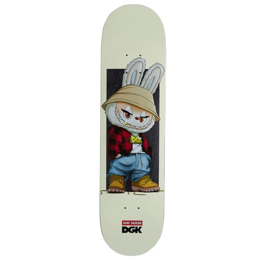 Skateboard deck with a cartoon character design on a white background
