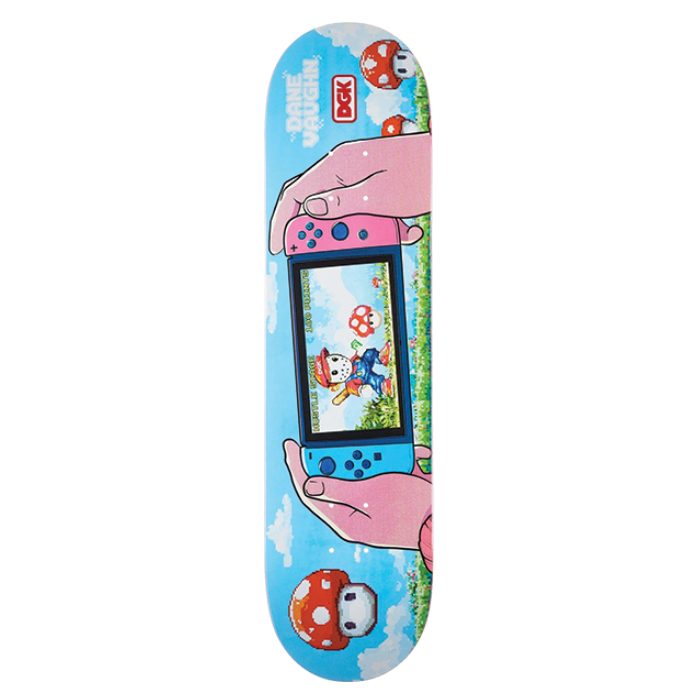 Colorful skateboard deck with cartoon character design on a white background