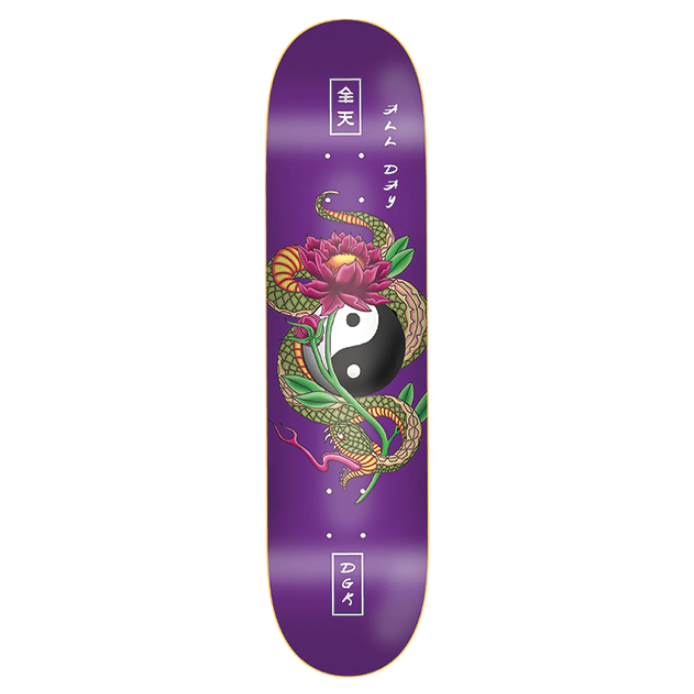 Skateboard deck with dragon and floral design on a purple background