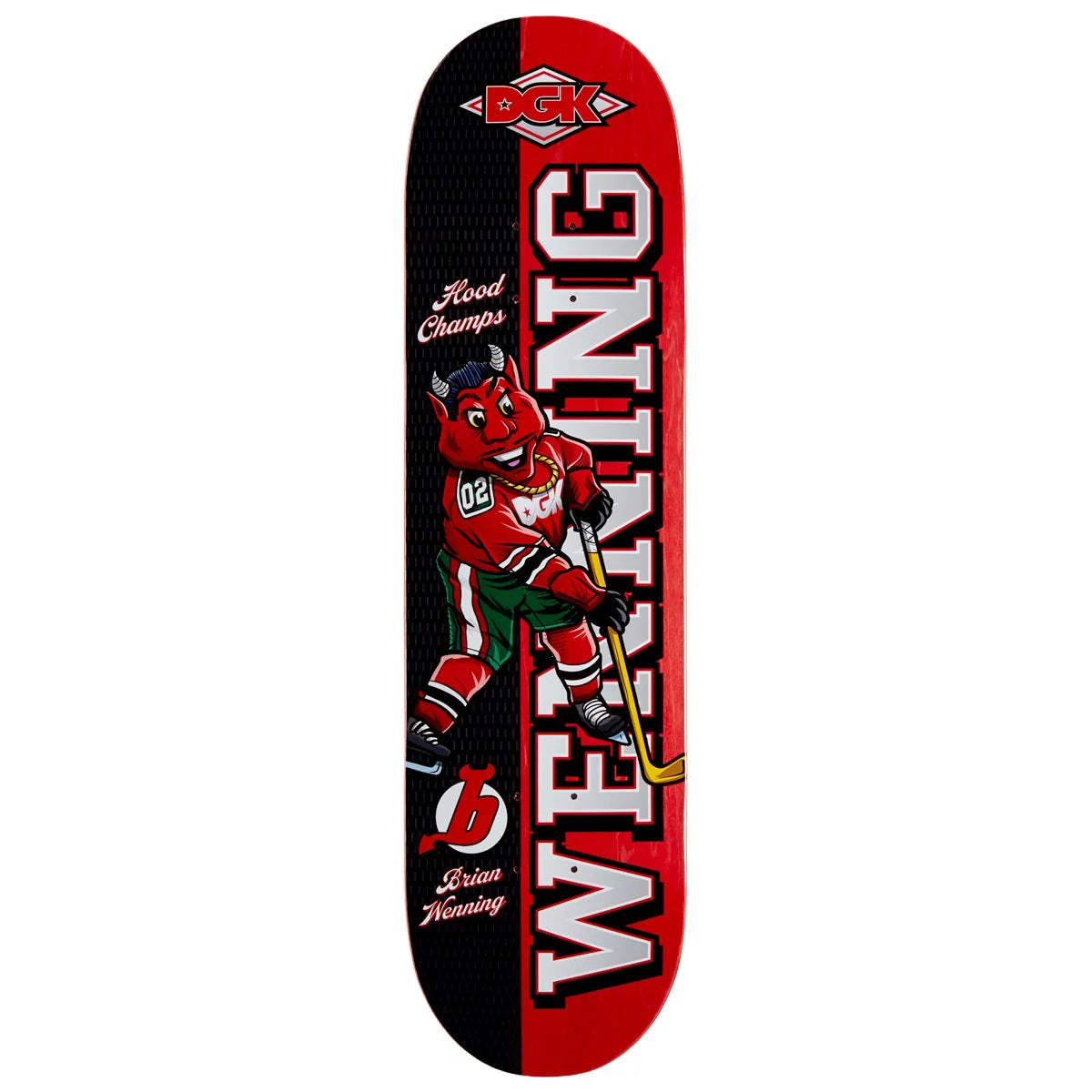 A long skateboard deck shown vertically on a plain white background. The deck has a bold red and black split design with large white 'WENNING' lettering, a cartoon hockey player in red and green, and a visible DCK logo near the top.